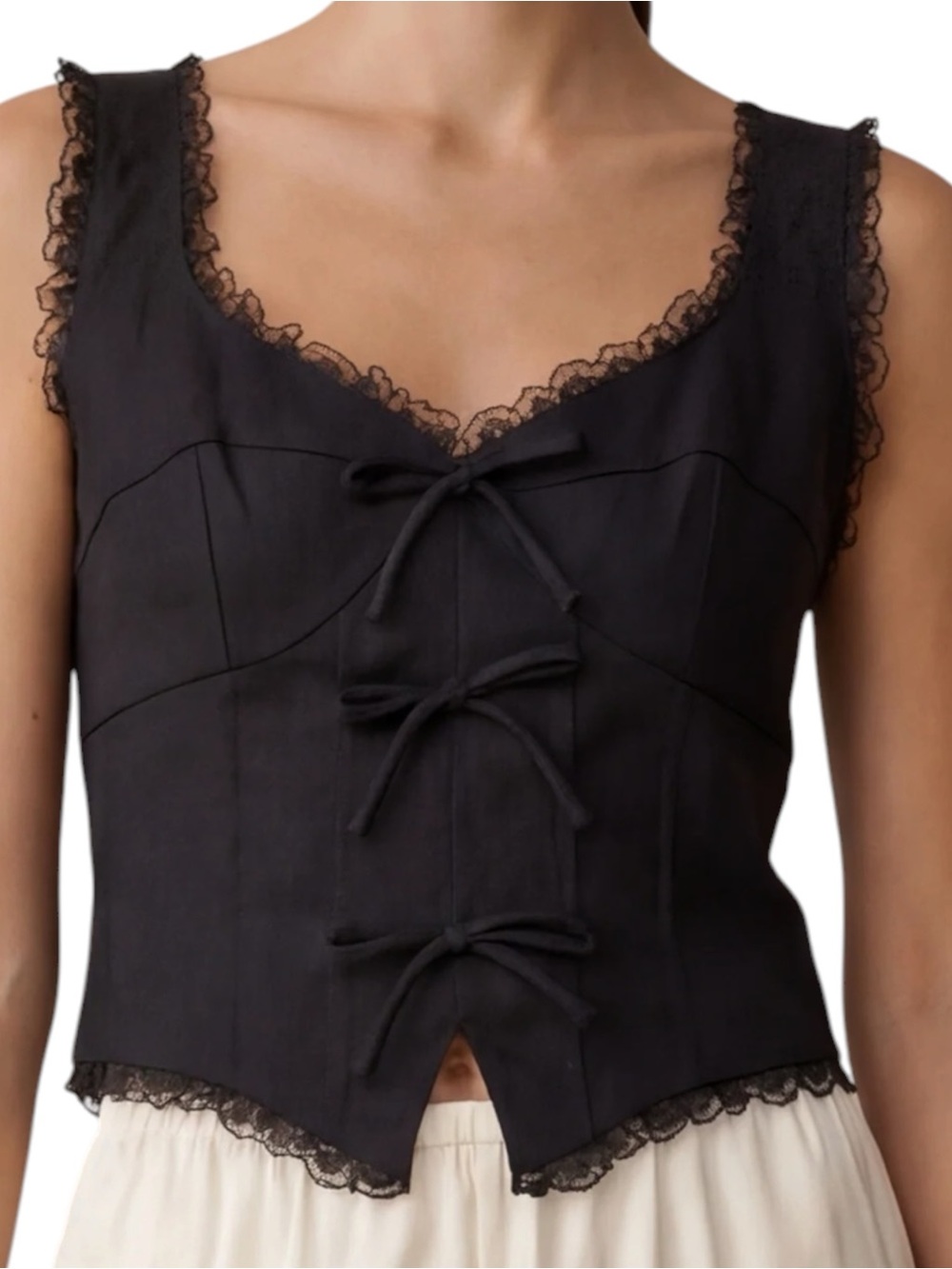 Few Moda Kourt Giogia Linen Corset Top Black Lace-Trim Bows NWT
